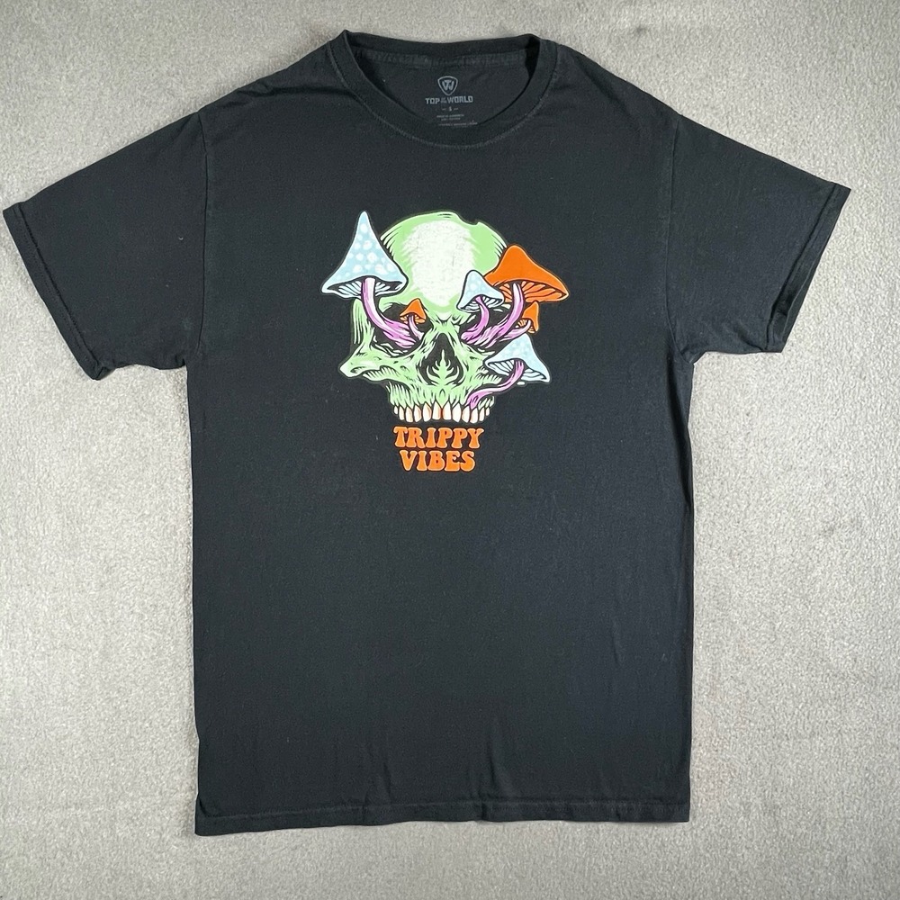 Trippy Vibes Mushroom Skull Tee Size Small Psychedelic Gothcore Festival Shirt